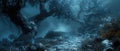 Path in dark haunted forest with fog, spooky crooked trees in misty fairy tale woods at night. Theme of horror, nature, mist, Royalty Free Stock Photo