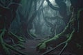 Path in dark misty fairy tale forest. Generative AI illustration