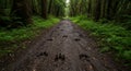 Path through a dense, green forest lined with tall trees. The muddy ground features Royalty Free Stock Photo