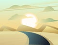 Path through desert sand hills. Landscape with an asphalt road stretching into distance. Journey beyond horizon. Cartoon