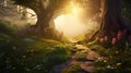 Path through enchanting fairytale deep forest view with beautiful heavenly sunset. AI Generative Royalty Free Stock Photo