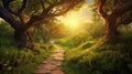 Path through enchanting fairytale deep forest view with beautiful heavenly sunset. AI Generative Royalty Free Stock Photo