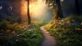 Path through enchanting fairytale deep forest view with beautiful heavenly sunset. AI Generative Royalty Free Stock Photo