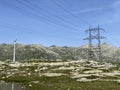 The Path of Energy der Pfad der Energie in the Gotthard wind farm or Windpark St. Gotthard and in the alpine mountainous Royalty Free Stock Photo