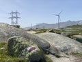 The Path of Energy der Pfad der Energie in the Gotthard wind farm or Windpark St. Gotthard and in the alpine mountainous Royalty Free Stock Photo