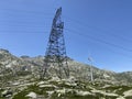 The Path of Energy der Pfad der Energie in the Gotthard wind farm or Windpark St. Gotthard and in the alpine mountainous Royalty Free Stock Photo