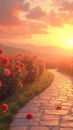 A road across a crimson rose field while the sun is setting. Royalty Free Stock Photo