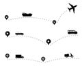 Path flight travel plane and trip transport symbols, airplane fly aircraft air transports symbol vector illustration