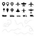 Path flight travel plane and trip transport symbols, set of airplane fly aircraft transports symbol vector illustration