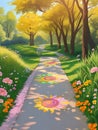 A path of flowers with the sun shining on it, Generative AI