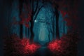 Path through a foggy, dark forest in the fall at night Royalty Free Stock Photo