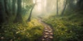 Path in a forest at misty morning. Generative AI illustration