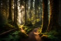 a path through a forest in the Pacific Northwest that is well-lit Royalty Free Stock Photo