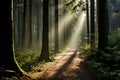 a path through a forest with sunbeams shining through the trees