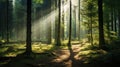 A path through a forest with sunlight shining down on it, AI Royalty Free Stock Photo