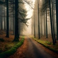 Path through a forest with trees and fog