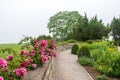 Path through a formal garden with climbing roses on a foggy day