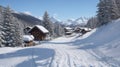 The path by the fresh snow to the snowcovered winter alpine village.