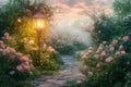 Path through a garden with a lighted lantern on the side Royalty Free Stock Photo