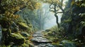 A path through a green dense forest