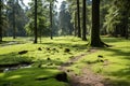 a path through a green forest with mossy trees Royalty Free Stock Photo