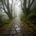 Path are irregular and slick with moisture, reflecting the foggy Royalty Free Stock Photo