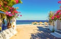 Street to Black beach Kamari village Santorini Greece Royalty Free Stock Photo