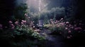 Path leading to the empty comfortable armchair in a dark garden with pink flowers. Twilight summer garden. Generative AI