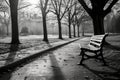 Path Leading To Solitary Bench In Park, Emphasizing Linear Perspective. Generative AI