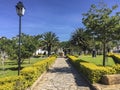Path leading to a statue in the Antonio Narino Park in the center of Villa de Leyva, Colombia