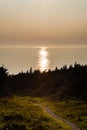 Path leading towards sunlight reflected in water under hazy horizon