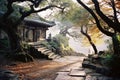 a path leads to an asian temple in the woods