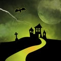 A path leads to a haunted house silhouetted against a stormy green sky