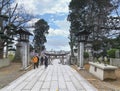 Path of lights aside a divine Shinme horse bronze statue in Japanese Miyajidake Shrine of Kyushu.