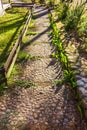 Path lined with rocks pavers in back yard garden Royalty Free Stock Photo