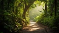 A path through a lush green forest with sunlight shining down, AI Royalty Free Stock Photo