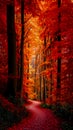 A path in the middle of a forest with red leaves on the ground Royalty Free Stock Photo