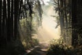 path through a misty autumn forest at sunrise trail through an autumn coniferous forest in the sunshine the morning fog surrounds Royalty Free Stock Photo