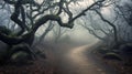 Path through misty foggy forest - generative AI, AI generated