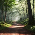 A path in a mossy forest. Forest path landscape. Forest nature background made with Generative AI Royalty Free Stock Photo