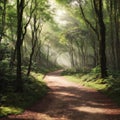 A path in a mossy forest. Forest path landscape. Forest nature background made with Generative AI Royalty Free Stock Photo