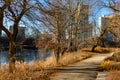 Path along North Pond during Autumn with the Afternoon Sun in Lincoln Park Chicago Royalty Free Stock Photo