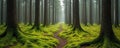 Path through old spruce forest. Moss covers ground and large tree roots. Tall evergreen trees create dense woodland with soft Royalty Free Stock Photo