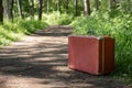 Path and old suitcase. One old suitcase left on a country road, life path concept, change life, choose your path