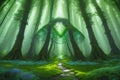 Path through the old trees, magical fantasy forest at sunrise, 3d landscape illustration background. Ai Generative Royalty Free Stock Photo