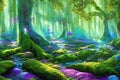 Path through the old trees, magical fantasy forest at sunrise, 3d landscape illustration background. Ai Generative Royalty Free Stock Photo