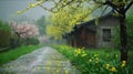 The path opposite the wooden houses, yellow flowers falling rain, Green vegetation. Flowering flowers, a symbol of spring, new Royalty Free Stock Photo