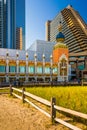 Path over sand dunes and buildings along the boardwalk in Atlantic City, New Jersey. Royalty Free Stock Photo