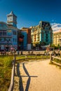 Path over sand dunes and buildings along the boardwalk in Atlantic City, New Jersey.