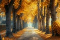 A Path in a Park Lined With Trees With Yellow Leaves, Ethereal tree alley under the glow of autumn in a sleepy park, AI Generated Royalty Free Stock Photo